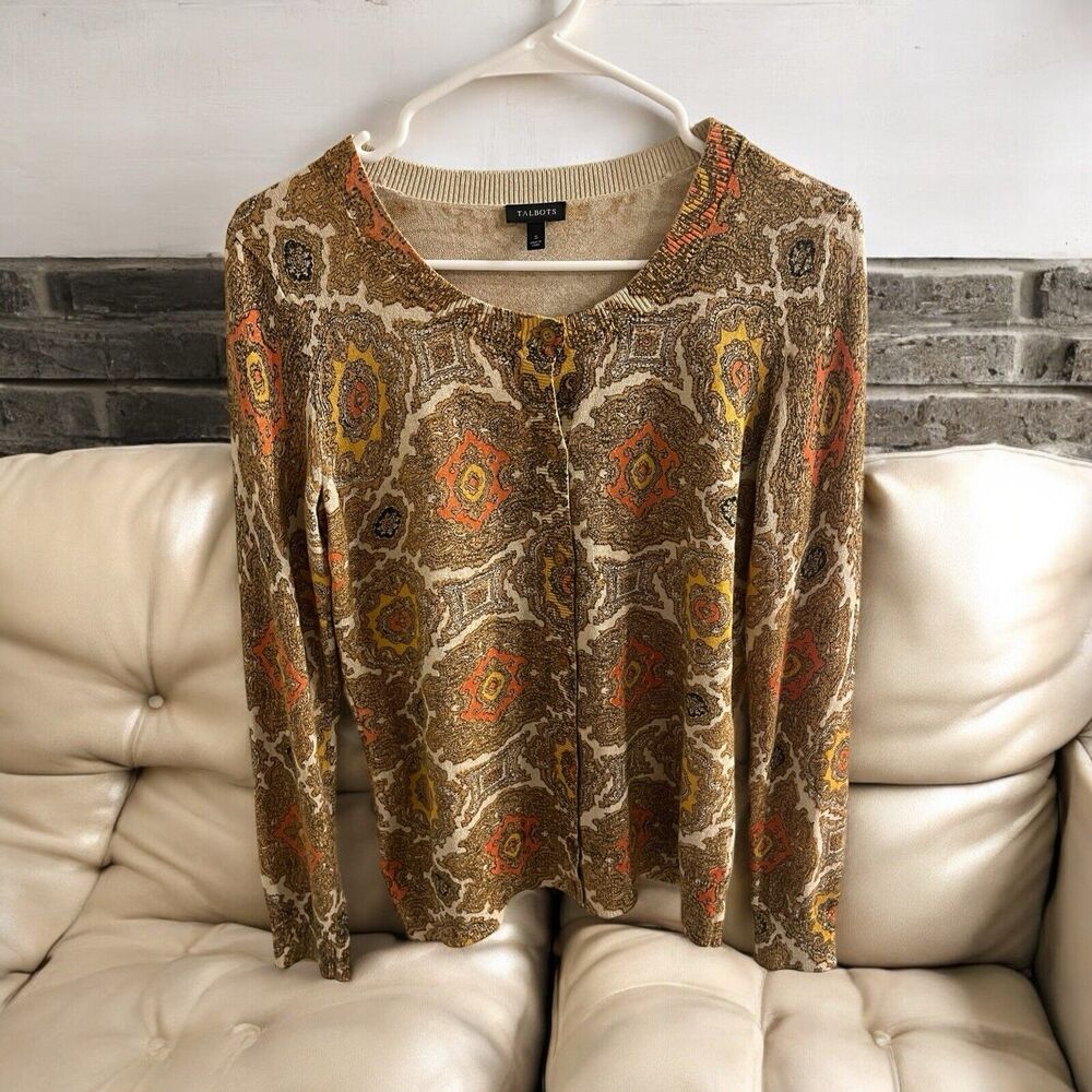 Talbots Button Cardigan Sweater Glitter Size Small Bronze Gold Orange Beige‎